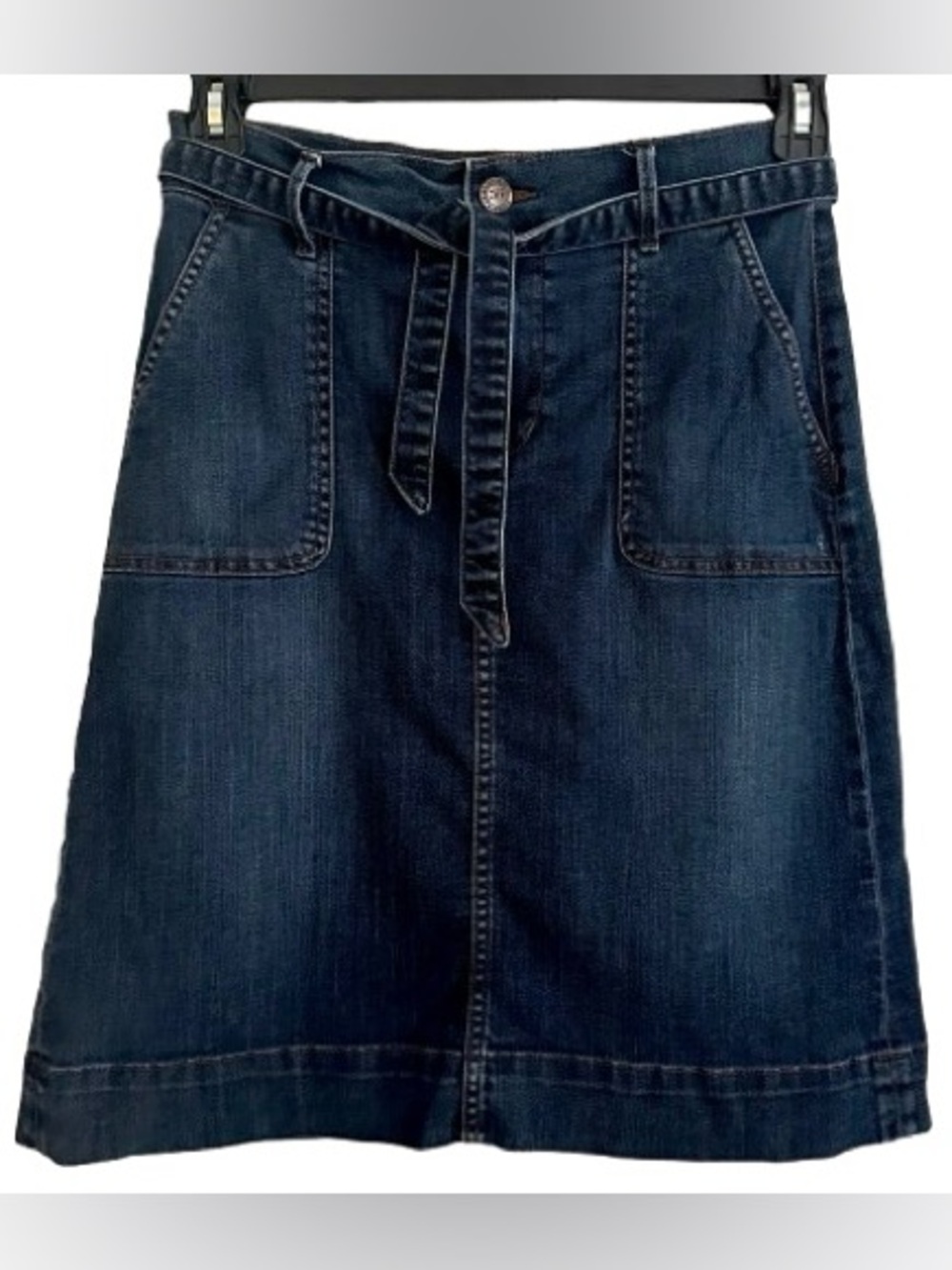 LOFT Dark Blue Denim Jean Tie Belt Below Knee Midi A-Line Y2K Skirt Size 6
